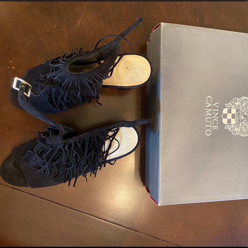 Black fringe suede heels